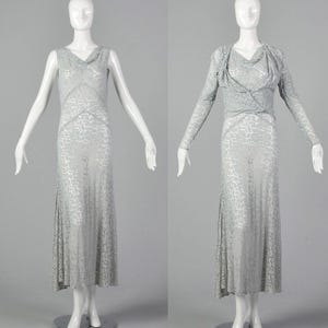 Small 1930s Blue Lace Dress and Jacket Deco Dress Set Sheer Lace Dress Set Sleeveless Dress 1930s Formal Dress