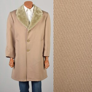 Large Vintage 1970s Coat Zero King Tan Brown Neutral Outerwear Winter Vegan Faux Fur Collar Lined Three Buttoned Overcoat Coat  Mens Coat