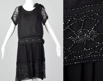 XXS 1920s Dress Black Silk Chiffon Dress Steel Beads Short Sleeves Drop Waist Art Deco Flapper Cocktail 20s Vintage