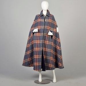 Small Vintage 1970s Plaid Maxi Blanket Cape Cloak Exaggerated Collar Funky Long Oversized Pattern Blue Red Yellow  Preppy Fall Autumn Cape