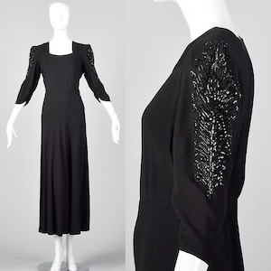 Large 1940s Black Crepe Gown Sequin Sleeves Formal Evening Dress Cocktail Party Outfit Holiday Party New Years 40s Vintage