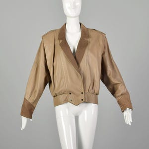Small 1980s Leather Jacket Oversized Batwing Sleeves Outerwear Taupe