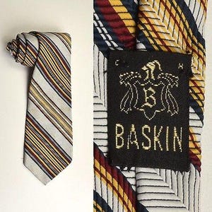 1970s Mens Necktie Tie Neck Mens Wide Tie White Gold Red Diagonal Stripe Necktie Neck Tie Damaged Costume 70s Vintage
