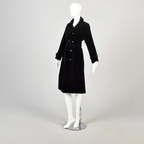 Small Vintage 1970s Black Velvet Belted Trench Coat Long
