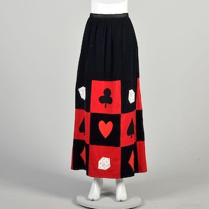XXXL 1970s Preto Vermelho Saia Veludo Cotelê Patchwork Baralho Naipes Jogos de Azar Las Vegas