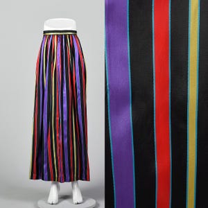 XXS Ribbon Stripe Taffeta Maxi Skirt Long Colorful Side Zip Gathered Waist Lightweight 1970s Vintage Skirt