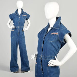 XL 1970s Denim Jumpsuit Buttoned Short Sleeve  Rainbow Trim Pockets