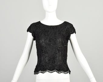 Kleine 1960er Jahre schwarze Perlen Spitze Fransen Rundhalsausschnitt Muschelsaum elegantes Seidentop