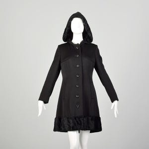 XS 1970s Hooded Black Winter Coat Faux Fur Hood Lining Trim