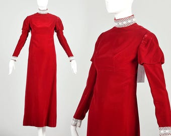 Vestido de terciopelo rojo de los años 70, cuello alto, cintura imperio, manga larga Julieta, ribete de encaje blanco, maxivestido elegante formal