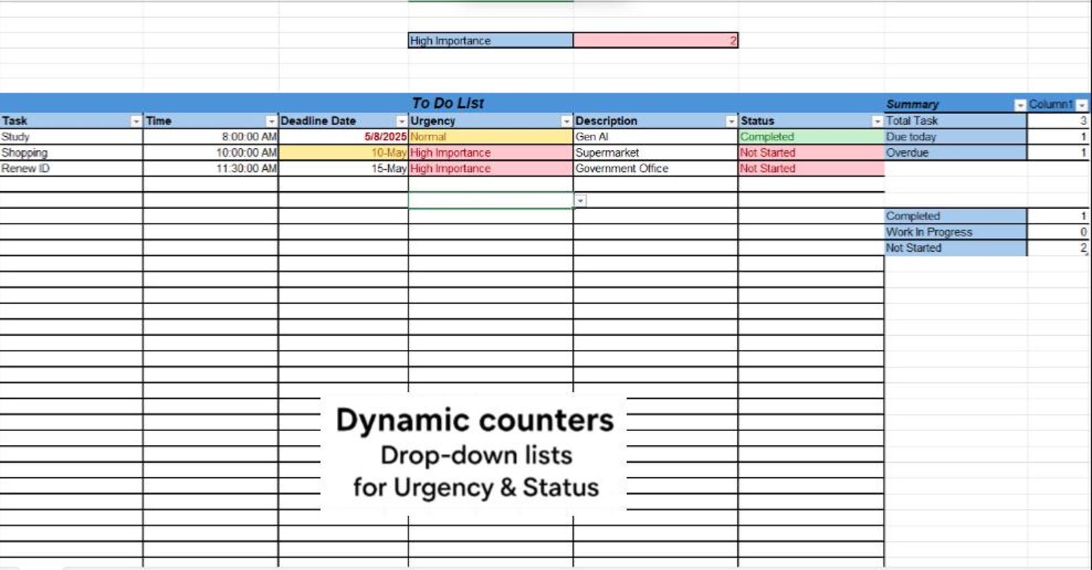 Excel To-do List Template With Dynamic Counters & Drop-down Urgency ...