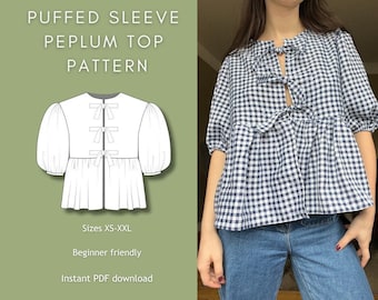 Puffed Sleeve Peplum Top | Digital Sewing Pattern | Instant Download | Front Tie Blouse | XS-XXL | Beginner Friendly