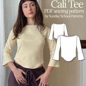 Cali Tee Sewing Pattern | Instant PDF download | Beginner friendly | Boatneck flared sleeve top