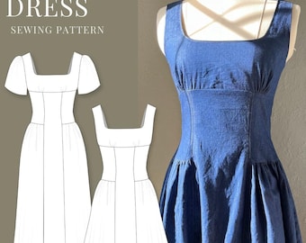 Square Neck Drop Waist Dress Sewing Pattern (Digital PDF)