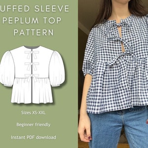 Puffed Sleeve Peplum Top | Digital Sewing Pattern | Instant Download | Front Tie Blouse | XS-XXL | Beginner Friendly