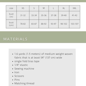 May include: Size chart for a garment with measurements in inches and centimeters. Materials needed for the project include 1.6 yards (1.5 meters) of medium weight woven fabric, single fold bias tape, 1/4 inch elastic, sewing machine, iron, scissors, pins, matching thread, and fabric pen or chalk.