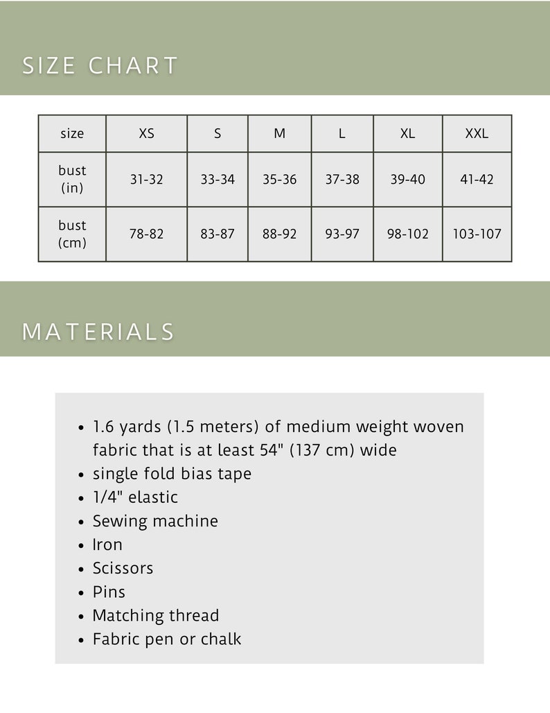 May include: Size chart for a garment with measurements in inches and centimeters. Materials needed for the project include 1.6 yards (1.5 meters) of medium weight woven fabric, single fold bias tape, 1/4 inch elastic, sewing machine, iron, scissors, pins, matching thread, and fabric pen or chalk.