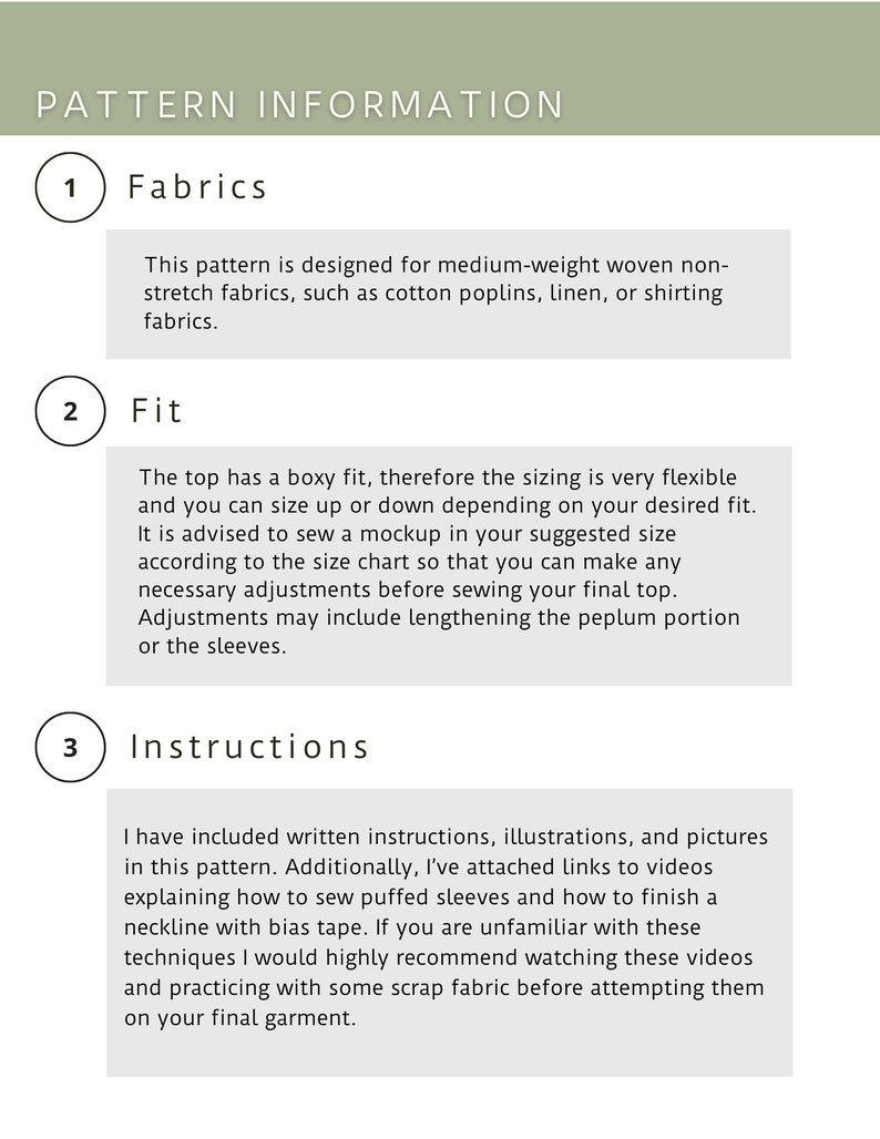 May include: A pattern information sheet with a white background and green text. The sheet is divided into three sections: Fabrics, Fit, and Instructions. Each section has a number and a title. The Fabrics section describes the types of fabrics that can be used for the pattern. The Fit section describes the fit of the pattern. The Instructions section describes the instructions included with the pattern.