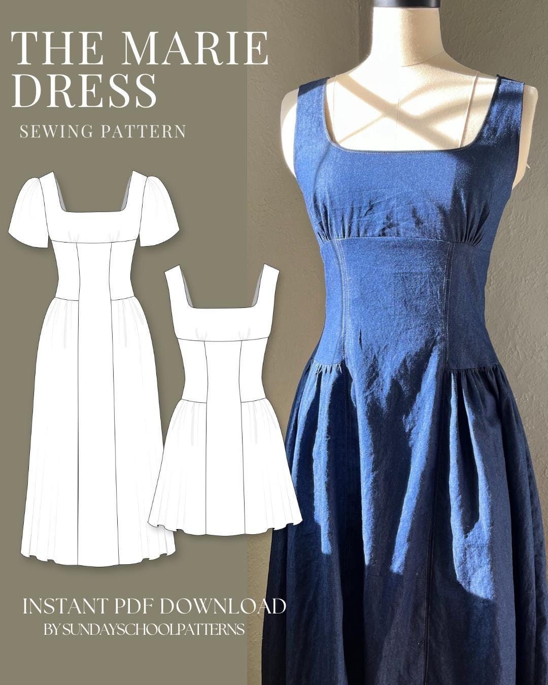Drop Waist Dress Sewing Pattern Digital PDF Sewing Pattern Instant Download Square