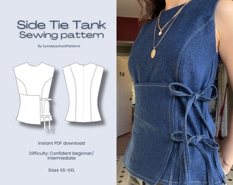 Side Tie Tank Sewing Pattern | Digital PDF Sewing Pattern | Instant Download | Denim Bow Top | Sizes XS-XXXL | Trendy diy blouse