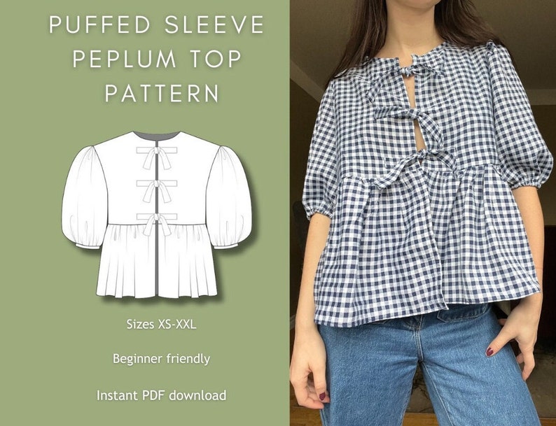 Puffed Sleeve Peplum Top Digital Sewing Pattern Instant Download Front Tie Blouse XS-XXL Beginner Friendly image 1