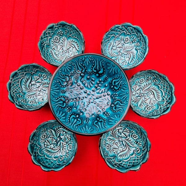 7xCeramic Turquoise Bowl Set for Breakfast and Serving, Preparing Tapas Chips and Dip with Sauce, Decorative Souvenirs, small pinch bowlS