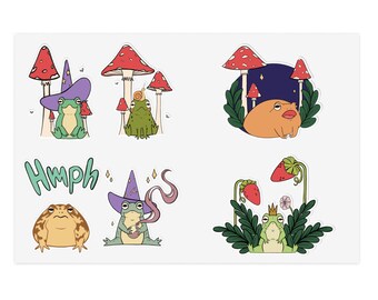 Cute Frog  and Toad Sticker Sheet, Animal Vinyl Stickers, Kawaii Kiss Cut Stickers