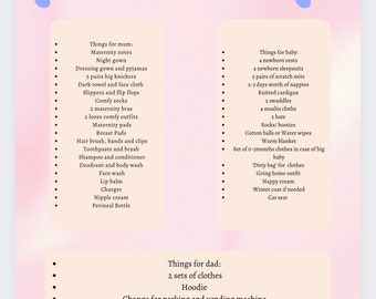 May include: A checklist for a hospital bag with items for a new parent and baby. The checklist includes items for mom, dad, and baby. The items are organized into categories, such as clothing, toiletries, and essentials. The checklist is written in black text on a pink background.