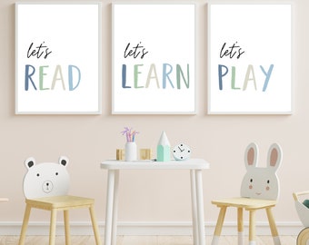 Set of 3 Printable Playroom Signs, Let's Read, Let's Learn, Let's Play Signs, Neutral Playroom Wall Art, Homeschool Wall Art