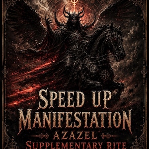 Puede incluir: Una impresión digital oscura con una figura alada y con cuernos montando un caballo negro sobre un fondo rojo y negro tormentoso. El texto dice: SPEED UP MANIFESTATION, AZAZEL, SUPPLEMENTARY RITE, PERSONALIZED DIGITAL DOWNLOAD, enmarcado por bordes ornamentados.
