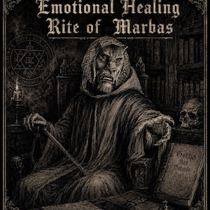 May include: A dark, monochromatic illustration featuring a hooded, lion-like figure seated at a desk. The text reads All Purpose Emotional Healing Rite of Marbas and Goetia Ars Notoria. The scene includes a skull, a candle, and occult symbols.