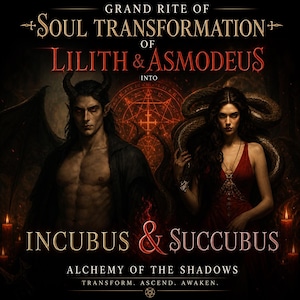 Può includere: Illustrazione digitale con il testo "Grand Rite of Soul Transformation" e i nomi Lilith e Asmodeus. L'immagine mostra un uomo con le corna e una donna in abito rosso, con le parole "Incubus & Succubus" sotto.