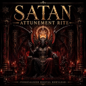 May include: A digital artwork featuring a horned figure seated on a throne with large wings, surrounded by candles and occult symbols. The text reads SATAN ATTUNEMENT RITE at the top and PERSONALIZED DIGITAL DOWNLOAD at the bottom in gold lettering.