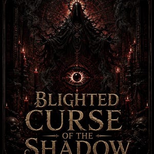 Op de afbeelding: Een donkere digitale poster met een figuur in een kap met een halo van stekels, een centraal gloeiend oog en schedels. De tekst luidt BLIGHTED CURSE OF THE SHADOW en PERSONALIZED DIGITAL DOWNLOAD. Het kleurenpalet is diepzwart en donkerrood.