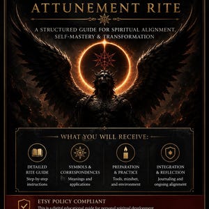 Könnte beinhalten: Ein digitaler PDF-Leitfaden mit dem Titel Lucifer Attunement Rite, der eine zentrale Abbildung einer geflügelten Figur unter einem leuchtenden Ring zeigt. Das Dokument enthält Abschnitte zu Ritus-Anleitungen, Symbolen, Vorbereitung und Integration sowie Hinweise zum Download.