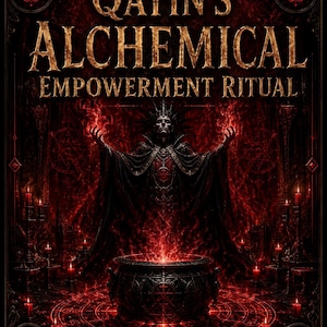 Pode incluir: Uma impressão digital com o texto QAYIN'S ALCHEMICAl EMPOWERMENT RITUAL e PERSONALIZED DIGITAL DOWNLOAD. Uma figura central com túnica preta e coroa está atrás de um caldeirão escuro rodeado por chamas vermelhas e velas acesas.