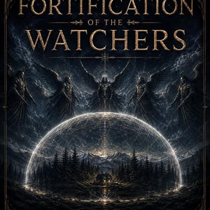 Könnte beinhalten: Ein digitaler Leitfaden mit dem Titel ULTIMATE FORTIFICATION OF THE WATCHERS zeigt fünf geflügelte Gestalten in dunkler Rüstung über einer leuchtenden, durchscheinenden Kuppel, die einen Wald, Berge und ein Haus schützt, mit dem Text PERSONALIZED DIGITAL GUIDE - PDF DOWNLOAD am unteren Rand.