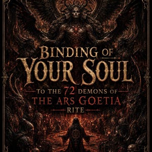 May include: A dark, detailed digital artwork titled BINDING OF YOUR SOUL TO THE 72 DEMONS OF THE ARS GOETIA RITE. The image features a central winged figure with multiple faces, a robed person standing in a glowing red ritual circle, and text.