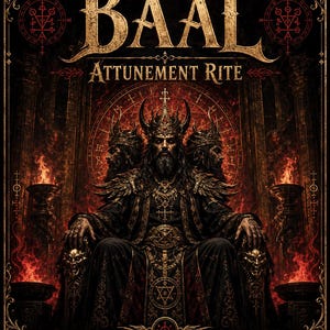 May include: A digital artwork titled BAAL ATTUNEMENT RITE featuring a three-headed figure with a beard and crown sitting on a throne. The scene is dark with red flames, intricate gold filigree borders, and occult symbols. Text reads PERSONALIZED DIGITAL DOWNLOAD.