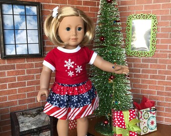 18 inch doll multi print skirt, 2 cropped tops and necklace