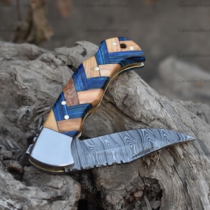 Premium Handmade Damascus Folding Pocket Knife, Wood Handle Birthday Gift Folding Knife Groomsmen Gift Anniversary gift wedding gift for men