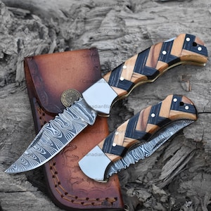 Premium Handmade Damascus folding pocket knife, Wood Handle Birthday gift, Folding knife Groomsmen gift Anniversary gift for husband, Knife