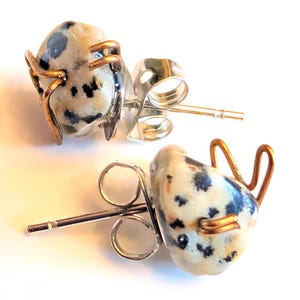 Dalmatian Jasper Stud Earrings – Handset with Copper Wire, Nickel-Free Posts