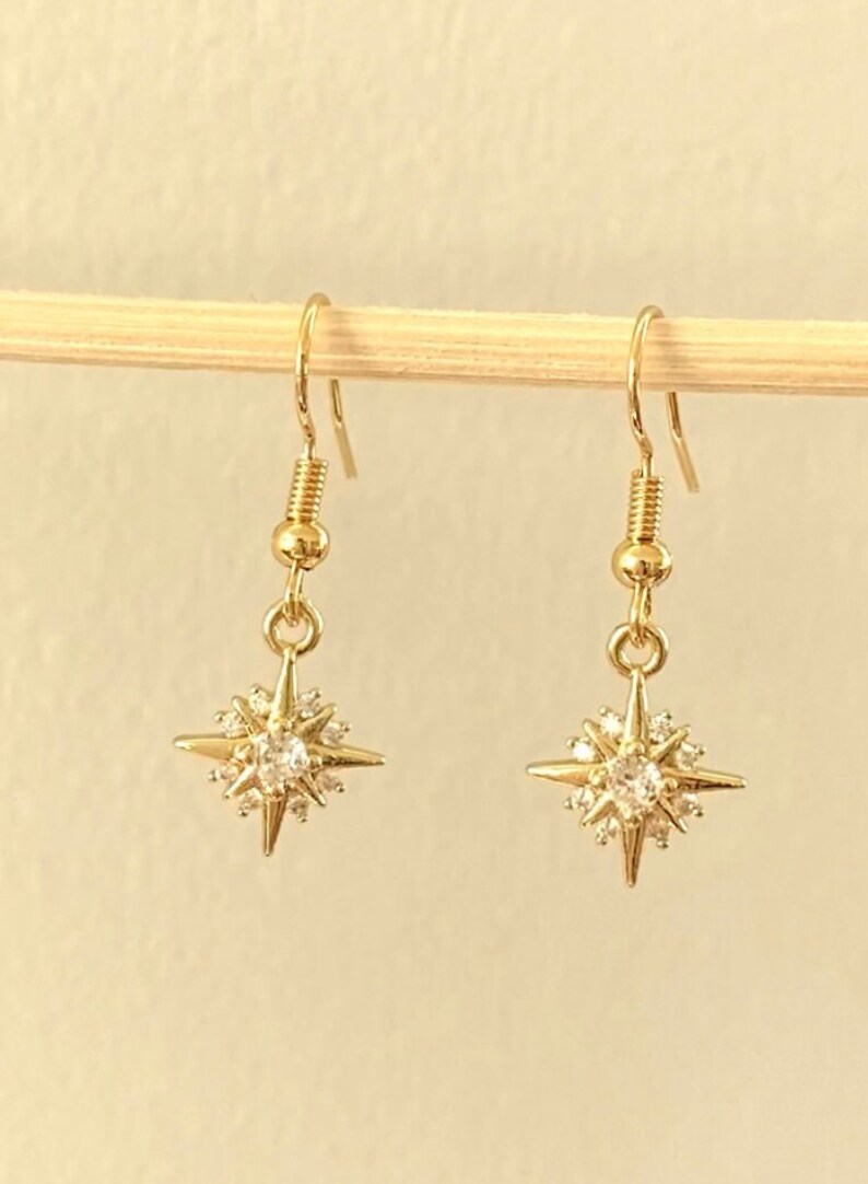 Sparkly Star Gold Dangly Earrings Diamond Star Dangly Gold Etsy