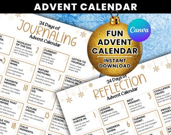 Può includere: Due fogli di calendario dell'avvento stampabili intitolati 24 Days of Journaling e 24 Days of Reflection. Le pagine bianche presentano testo dorato, caselle numerate per i suggerimenti giornalieri, grafiche a fiocco di neve e una pallina.