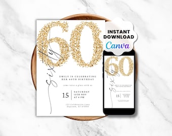Plantilla de invitación para 60 cumpleaños: elegante tarjeta de fiesta e invitación móvil (editable en Canva, descarga digital)