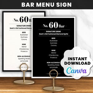 60th Birthday Bar Sign Template: Black & White Drink Menu (Digital Download)