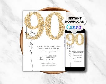 90th Birthday Invitation Template: Elegant Party Card & Mobile Invite (Canva Editable, Digital Download)