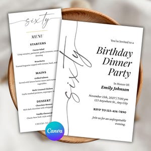 Plantilla de invitación para cena de cumpleaños número 60, menú y programa del evento, editable en Canva, descarga instantánea.