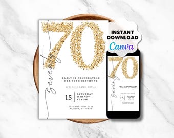 Minimalist 70th Birthday Invitation, Editable Canva Template, Gold Birthday Party Invite